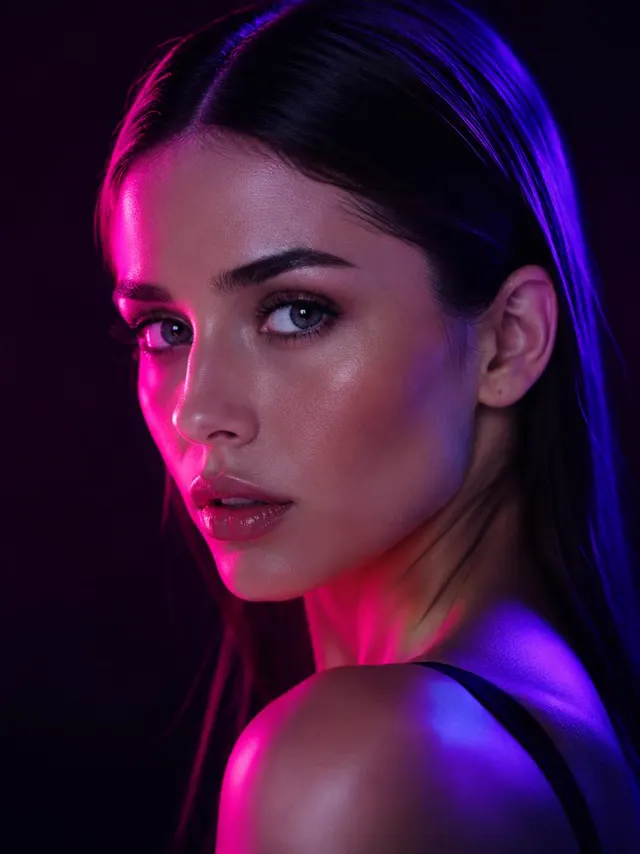 Retrato hiperrealista de una modelo morena con iluminación violeta