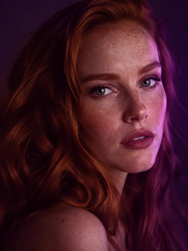 Retrato hiperrealista de una modelo pelirroja con pecas