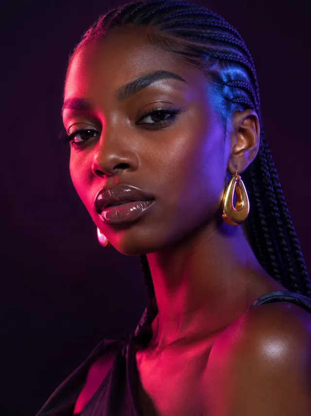 Modelo IA con trenzas y pendientes dorados en retrato de estudio